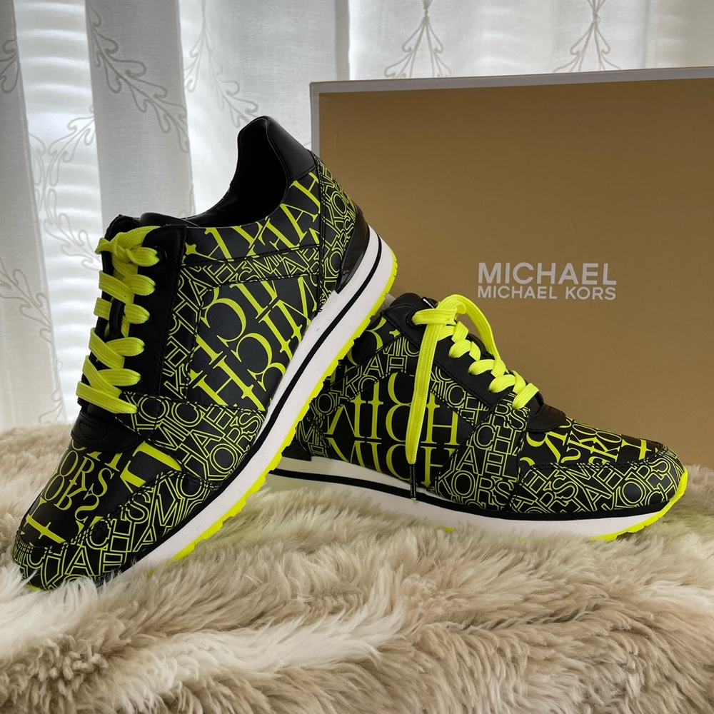 Michael Kors Women's Sneakers Billie Leather Black and Neon Yellow